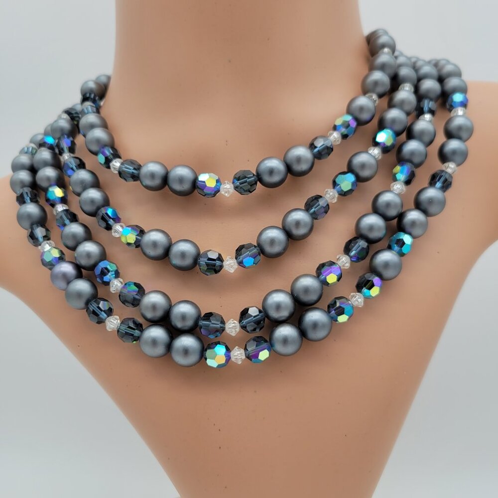 Vintage Faux Gray Pearl and Aurora Borealis Bead Necklace 4 Strands